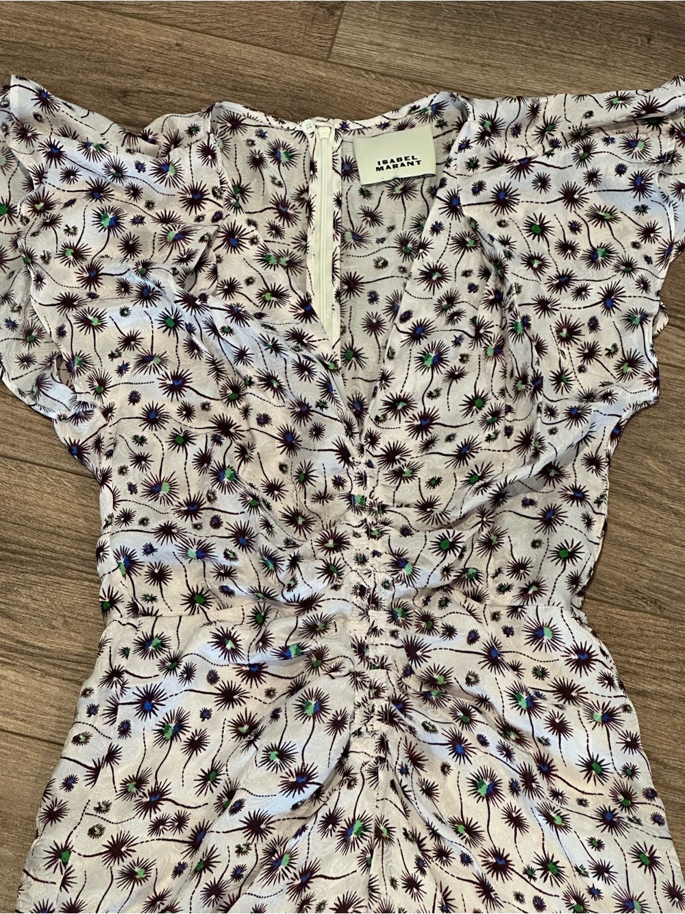 Isabel Marant White Purple Silk Ruched V-Neck Midi Dress Size 34 - Picture 9 of 15